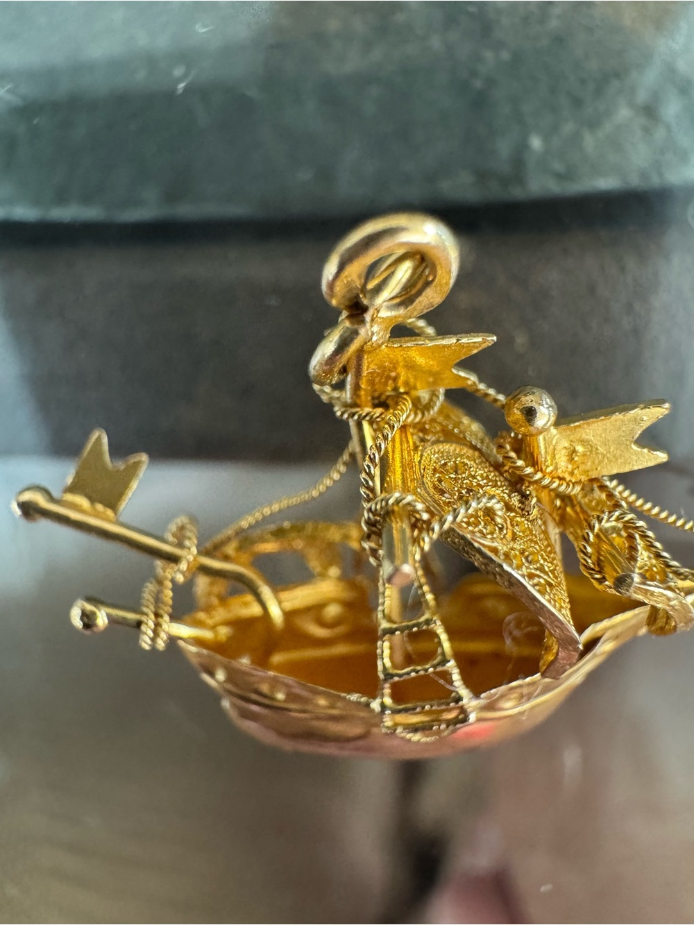 14k stamped acid tested Gold-Tone Ornate Filigree Boat Pendant Necklace Charm